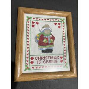 VTG Framed Old World Christmas Mouse Dad Hand Cross Stitch Giving Gift Present